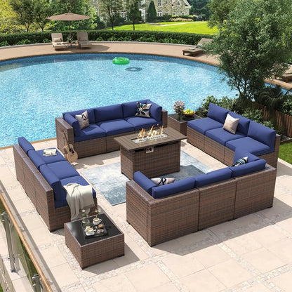 8 Piece Patio Furniture Set with 44” Fire Pit Table Rattan Outdoor Sectional Sofa Set with Coffee Table and Thickened Cushions
