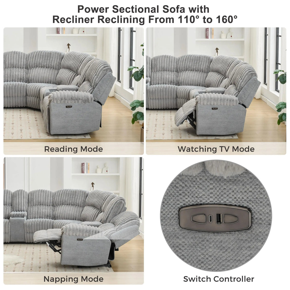 Power Reclining L-Shaped Fuzzy Rabbit Plush 5-Seater Sectional Sofa Set with Wireless Charger, USB Type-C Port & Storage Console