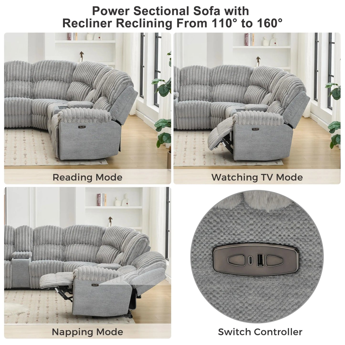 Power Reclining L-Shaped Fuzzy Rabbit Plush 5-Seater Sectional Sofa Set with Wireless Charger, USB Type-C Port & Storage Console