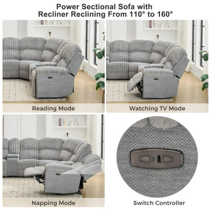 Power Reclining L-Shaped Fuzzy Rabbit Plush 5-Seater Sectional Sofa Set with Wireless Charger, USB Type-C Port & Storage Console