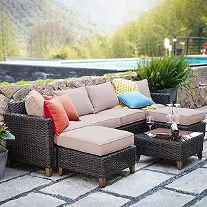 Outdoor Furniture, Patio Wicker Sectional Sofa Modular Furniture Set Single Sofa with Thick Cushions for Deck Porch Poolside Ga