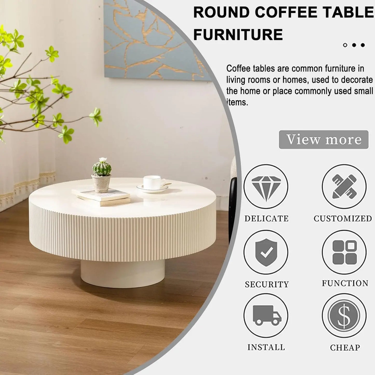 Round Coffee Table, Handcrafted Fluted Drum Coffee Tables Modern Wood Coffee Table Circle Drum Center Table For Living Room