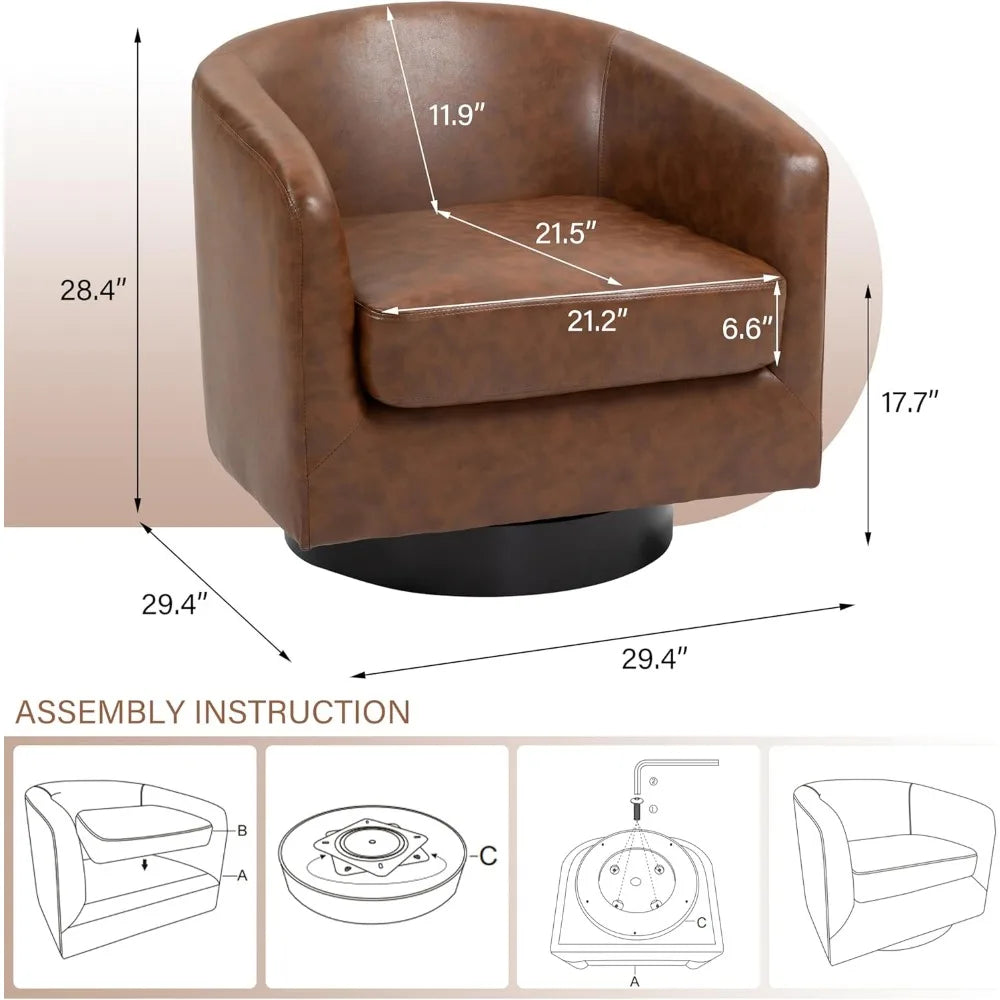 Faux Leather Swivel Barrel Accent Chairs, 360° Swivel Round Single Sofa Chair, Comfy Upholstered Club Armchair for Liv