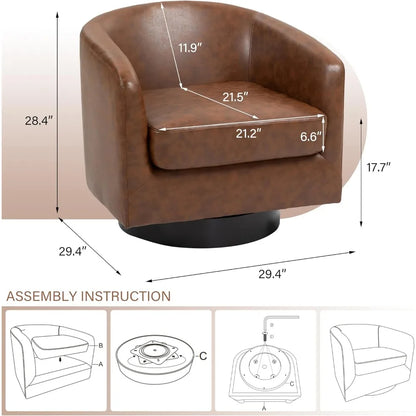 Faux Leather Swivel Barrel Accent Chairs, 360° Swivel Round Single Sofa Chair, Comfy Upholstered Club Armchair for Liv
