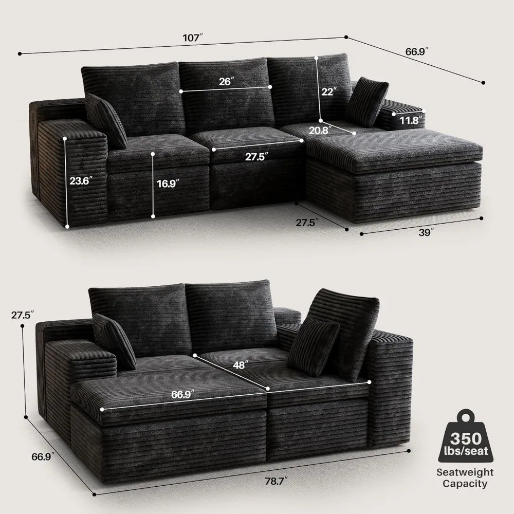 Modern 3-Seat L-Shape Sectional Sofa with Ottoman and 2 Pillows, Memory Foam Cloud Couch for Living Room