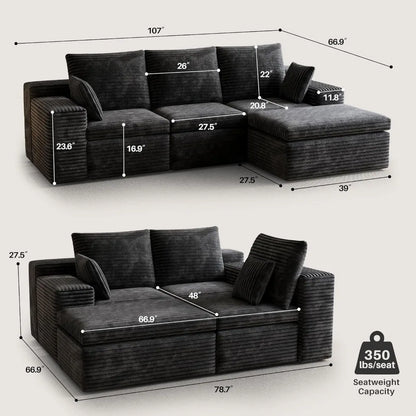 Modern 3-Seat L-Shape Sectional Sofa with Ottoman and 2 Pillows, Memory Foam Cloud Couch for Living Room