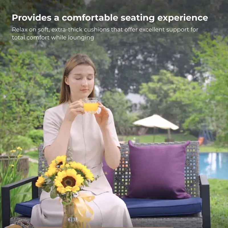 4-Piece Outdoor Patio Furniture Set for Balcony Garden Lawn, Gray Acacia Wood Table, Blue Cushions, Light Gray Rattan