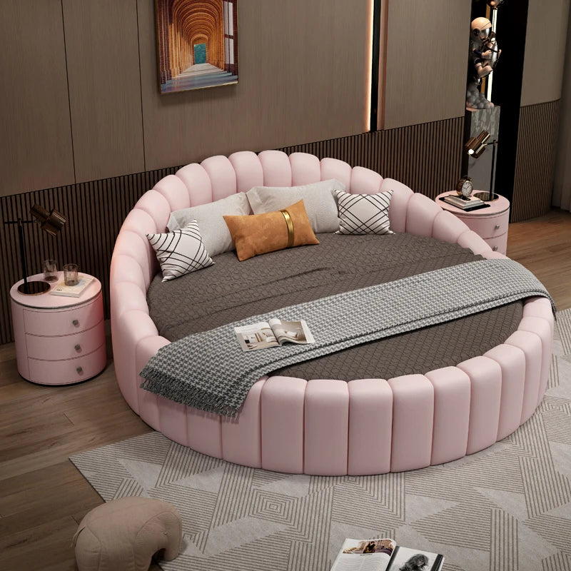 modern simple round bed leather double apartment master bedroom princess bed marriage base de cama king size home furniture