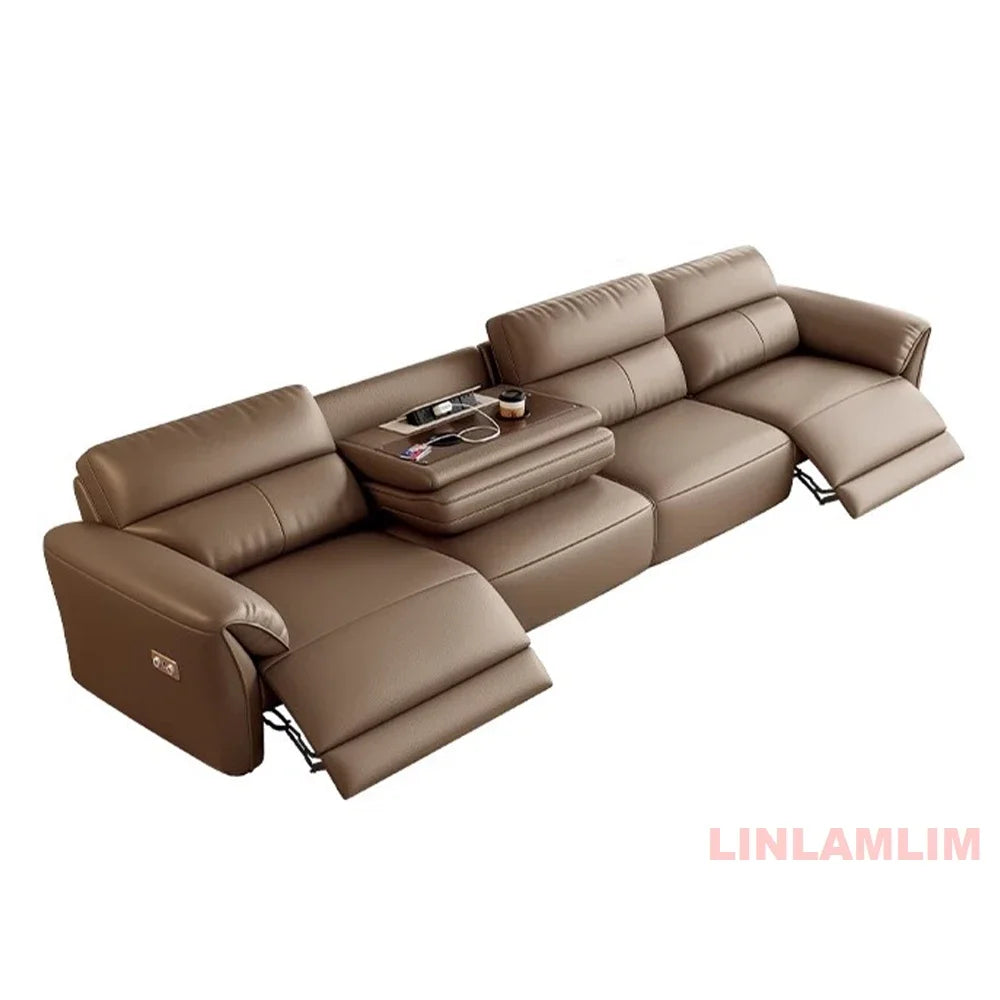 MINGDIBAO Modern Recliner Sofa with Hidden Foldable Tray Table and USB – Italian Genuine Leather Sectional Couch for Living Room