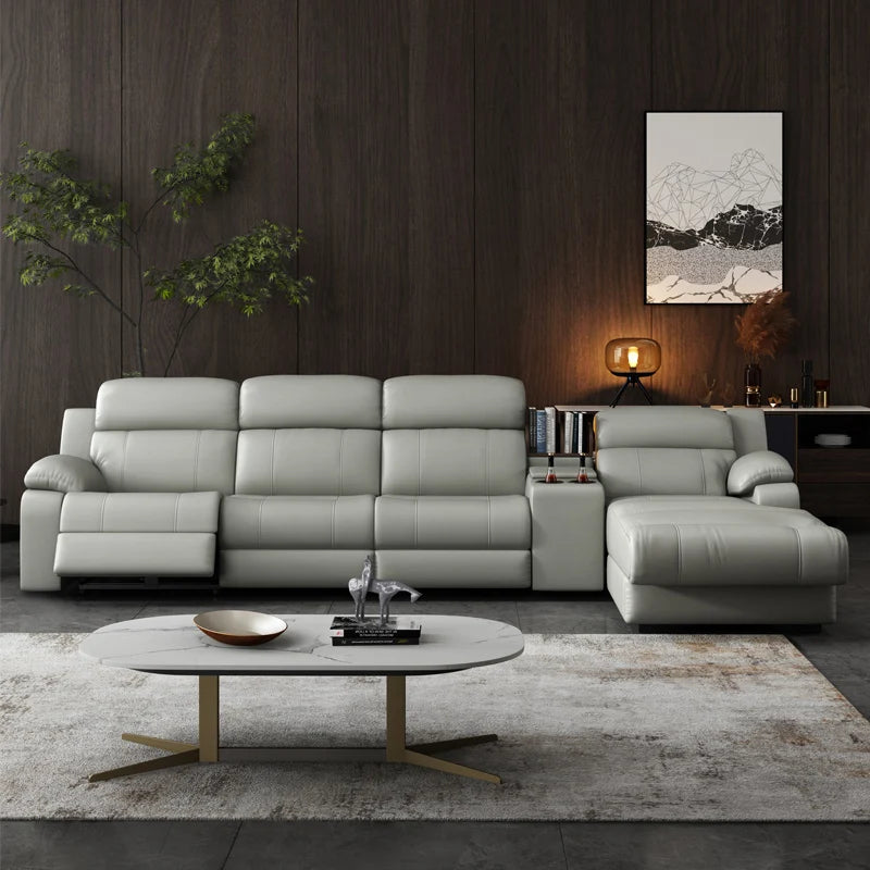 Modern Italian electric sofa set leather multi-functional recliner with characteristic metal corner combination