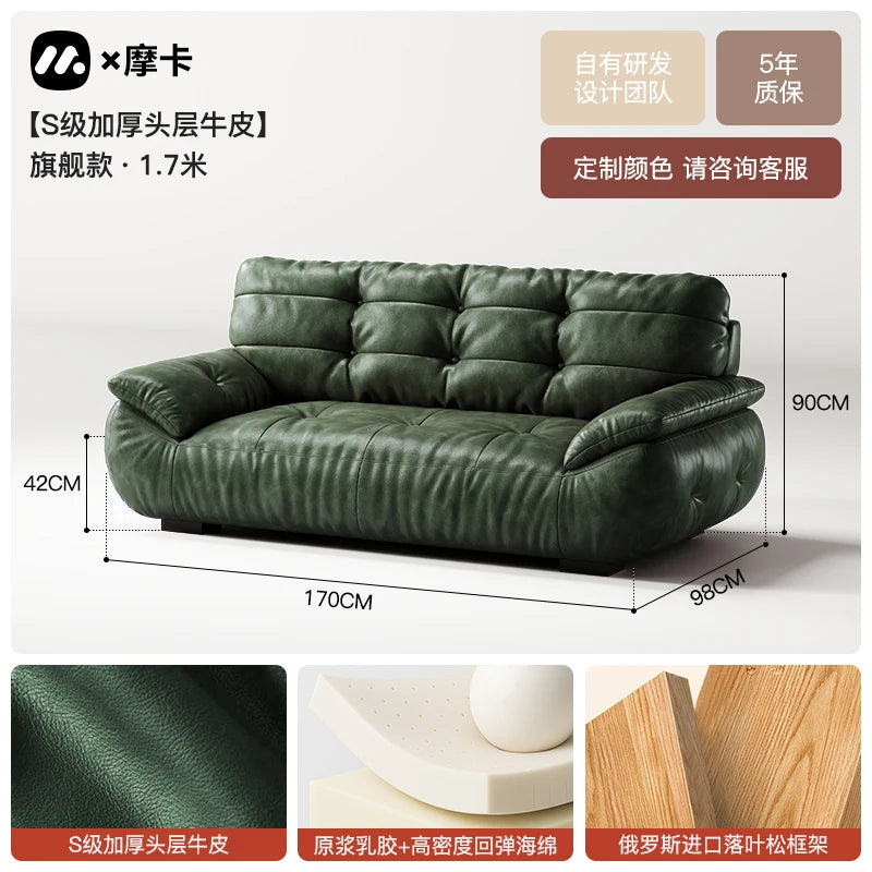 Color sofa American retro oil wax leather living room straight row small apartment brown