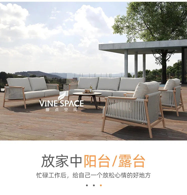 Outdoor sofa courtyard open-air garden villa waterproof and sunscreen leisure rope braided teak outdoor bed and breakfast sofa