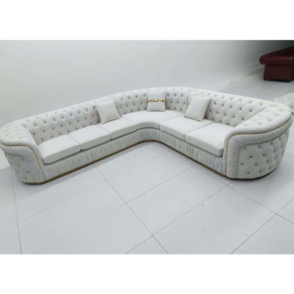 Luxury Sofa Set with Cloth Buttons and Fabric Modular Couch with Gold Stainless Steel Base, 3-seater Sofa