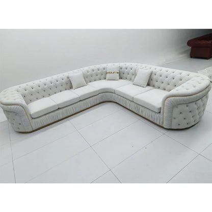 Luxury Sofa Set with Cloth Buttons and Fabric Modular Couch with Gold Stainless Steel Base, 3-seater Sofa