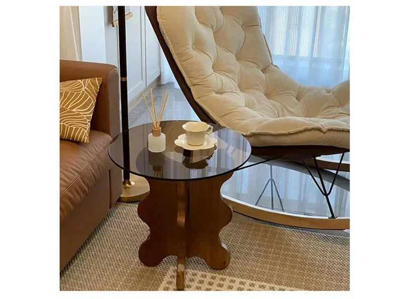 Table d'appoint de luxe légère en bois massif, Tables basses en verre nordique pour meubles de salon, Table d'angle pour petit appartement