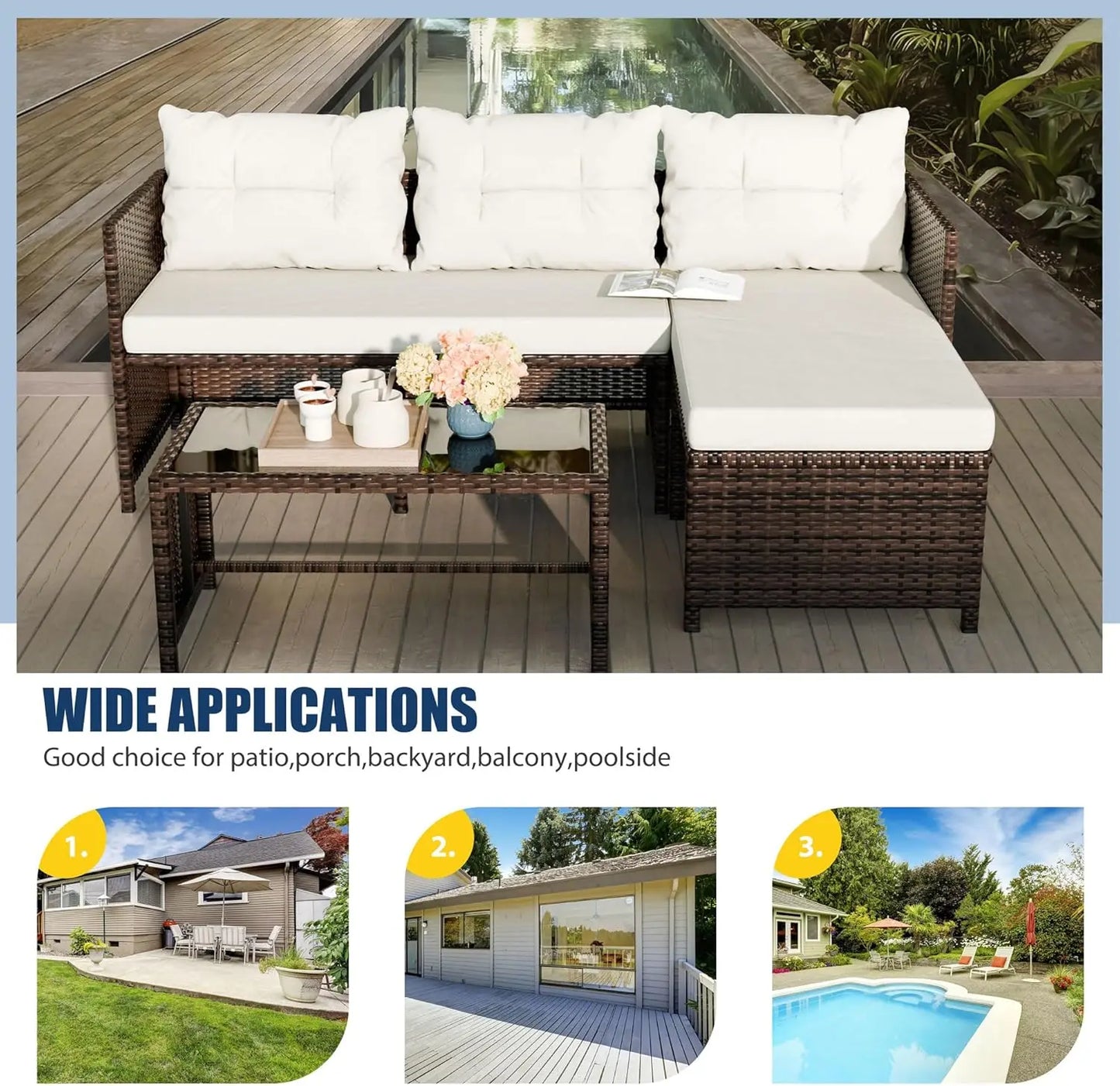 Vongrasig 3 Piece Patio Furniture Sets, All-Weather Wicker Outdoor Sofa Couch Sectional Set, Small Conversation Set for Patio, G