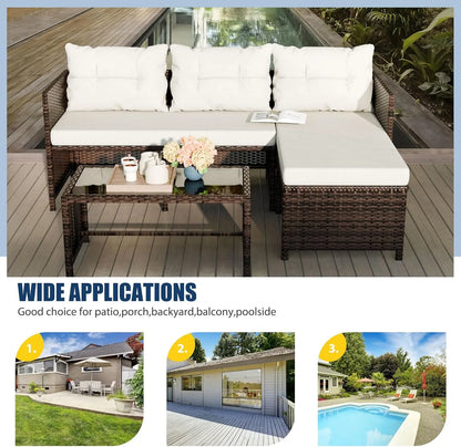 Vongrasig 3 Piece Patio Furniture Sets, All-Weather Wicker Outdoor Sofa Couch Sectional Set, Small Conversation Set for Patio, G