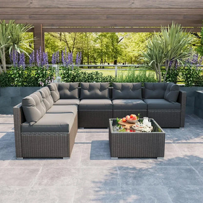 7 Pieces Patio Sofa Set Outdoor Furniture Sectional All-Weather Wicker Rattan with Back Cushions,Garden Sofa Conversation Grey