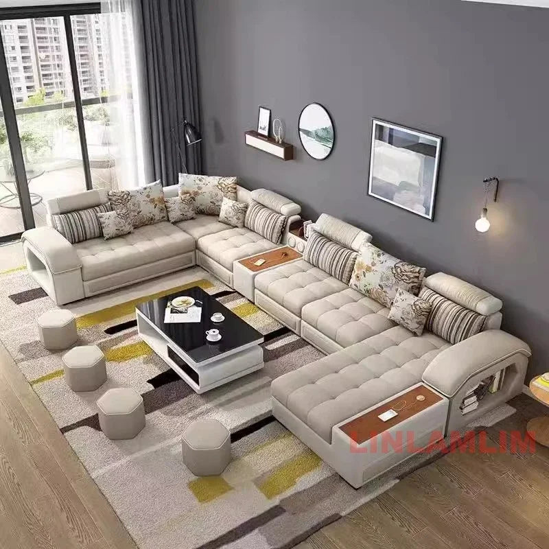 MANBAS U-Shaped Sectional Fabric Sofa Set - Modern Living Room Furniture with Storage, Built-in Side Tables, USB, and Cushions