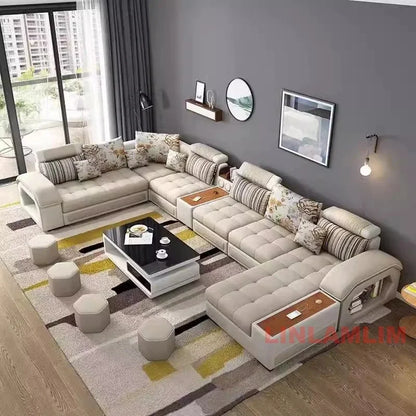 MANBAS U-Shaped Sectional Fabric Sofa Set - Modern Living Room Furniture with Storage, Built-in Side Tables, USB, and Cushions