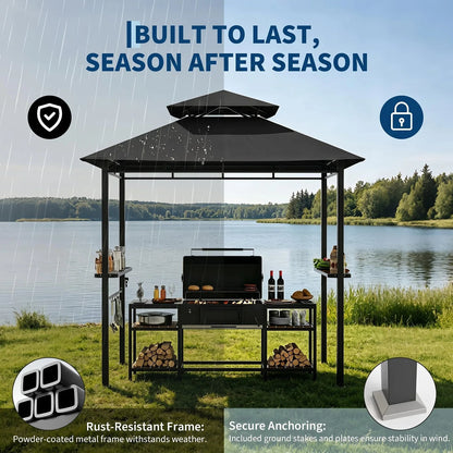 Outdoor BBQ Grill Gazebo 8x5 FT, Double Roof Vented Patio Canopy Tent With 2 Side Shelves For Backyard Cooking