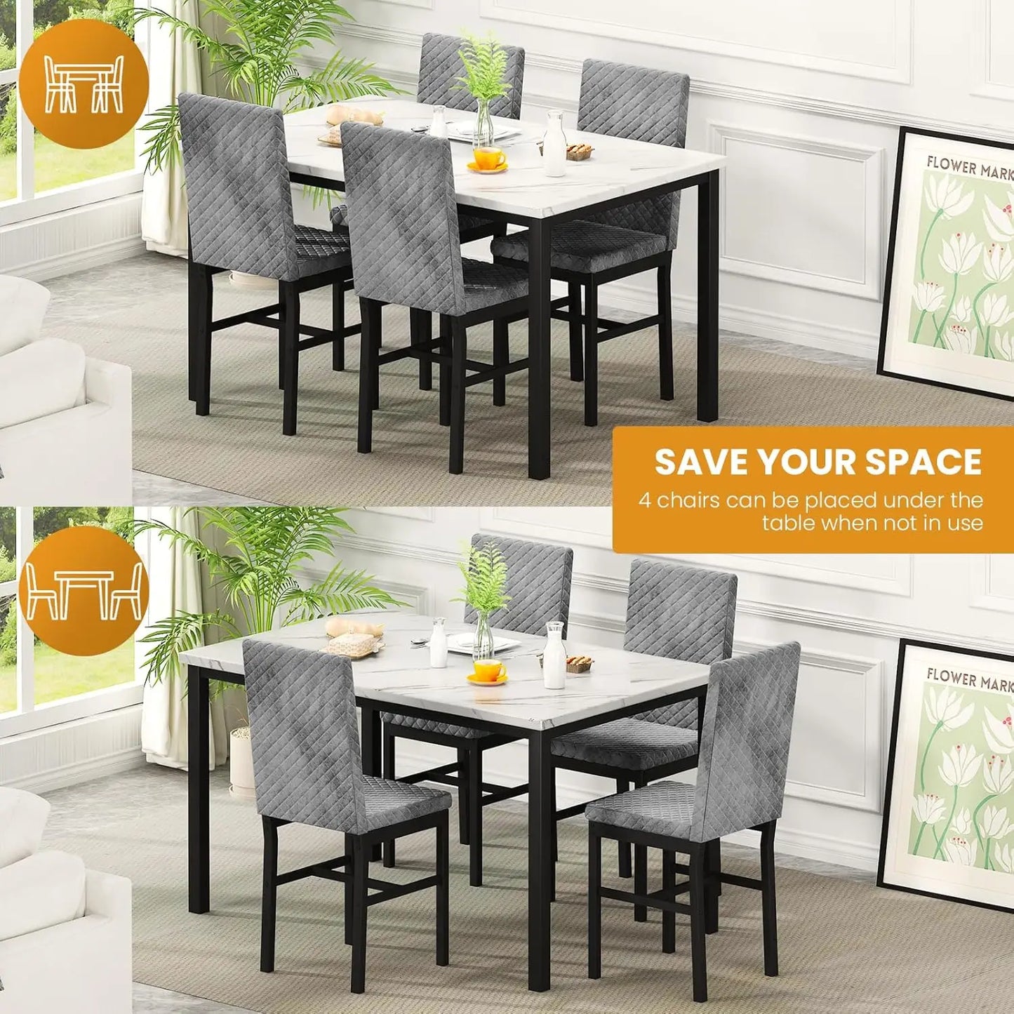 Dining Table Set for 4 Kitchen Table and Chairs Set of 4 Faux Marble Kitchen and Dining with Velvet Upholstered Dinner Chairs