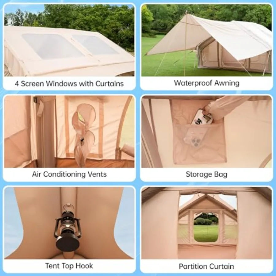 Inflatable Camping Tent with Pump 1/2 Awnings 8-14 Person Air Tents for Camping Adult Large Waterproof Ox Family Glamping Tent