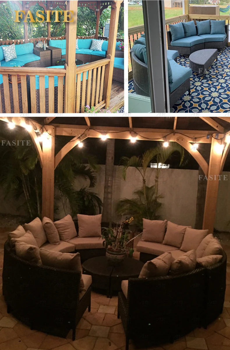 Sofa, courtyard, garden, leisure, outdoor living room, semi circular curved rattan chair, terrace, outdoor furniture combination