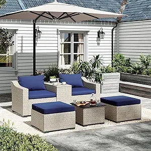 Patio Conversation Set Rattan Outdoor 6 Piece, Sectional Furniture Sofa Set, Wicker Couch with Coffee Table and Cushions for Poo