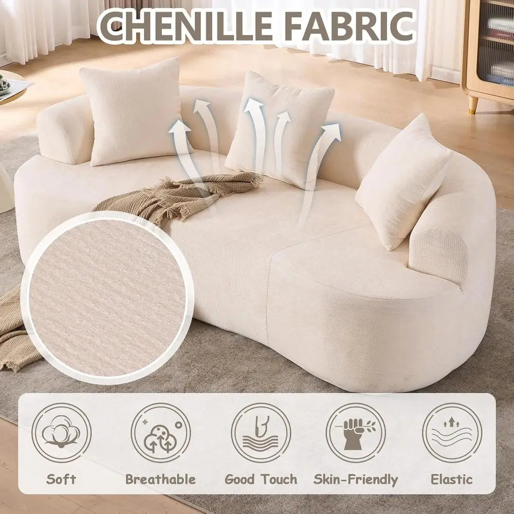67” Beige Curved Loveseat Soa, Luxury Plush Chenille Curved Couch with 3 Throw Pillows & Extra Wide Armrests, Comy Upholstered O