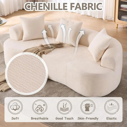 67” Beige Curved Loveseat Soa, Luxury Plush Chenille Curved Couch with 3 Throw Pillows & Extra Wide Armrests, Comy Upholstered O
