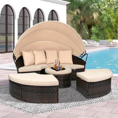 z Outdoor Terrace Canopy Bed with Washable Soft Cushion, Clamshell Shaped Segmented Seats, Suitable for Backyard, Porch, (brown)