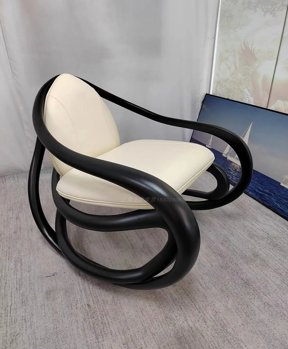 FG black walnut leather balcony lazy chair villa living room leisure solid wood rocking chair