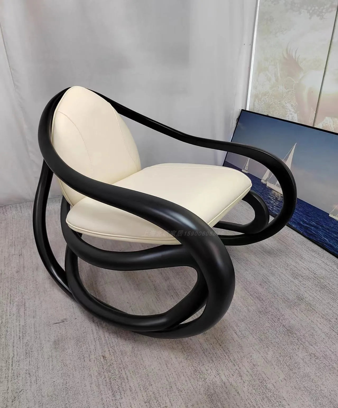 FG black walnut leather balcony lazy chair villa living room leisure solid wood rocking chair