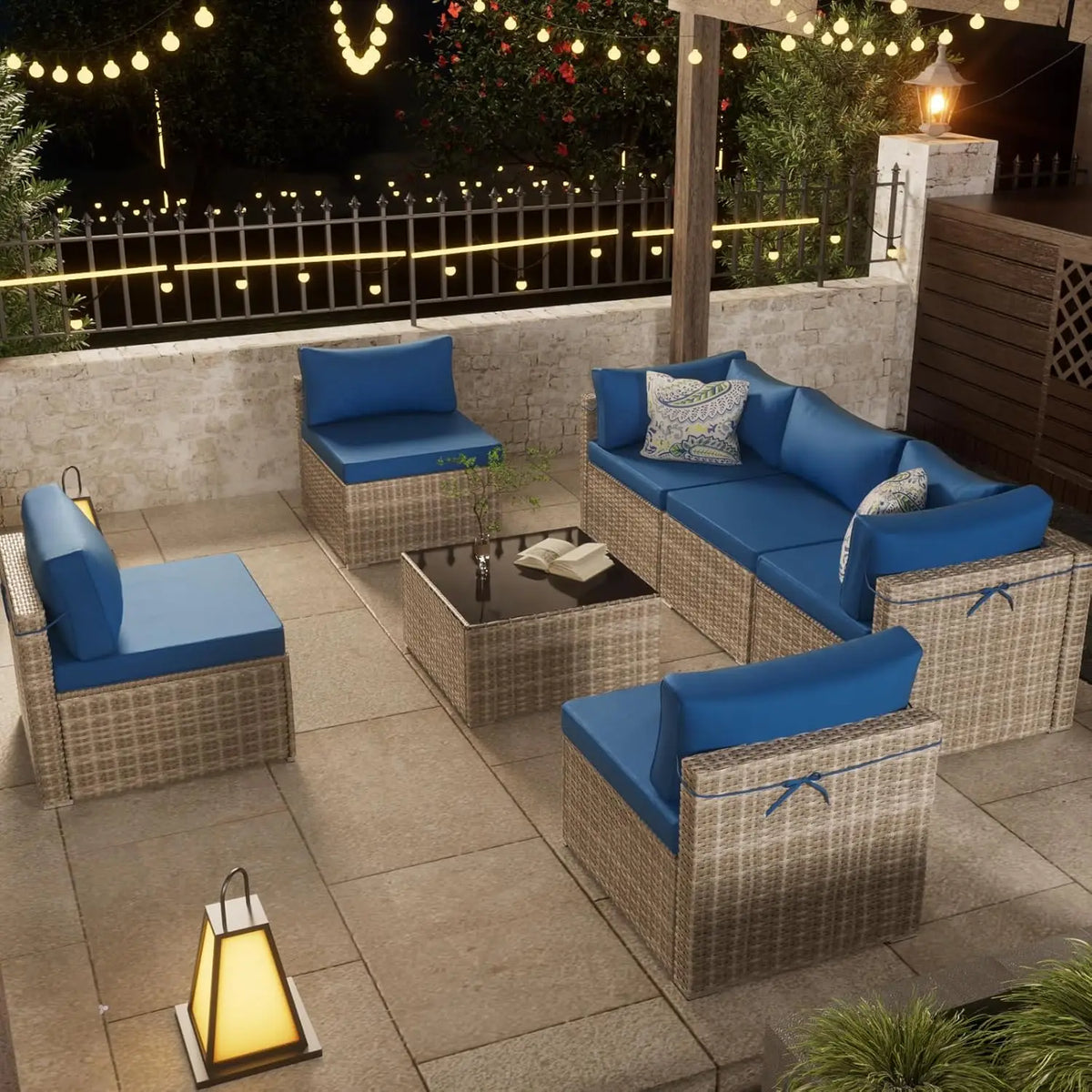 7-Piece Gray Rattan Patio Furniture Sets, Outdoor Conversation Sofa Sets with Water Resistant Blue Cushions &, Customized