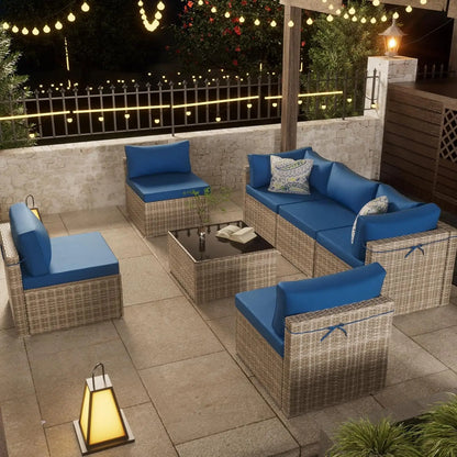 7-Piece Gray Rattan Patio Furniture Sets, Outdoor Conversation Sofa Sets with Water Resistant Blue Cushions &, Customized