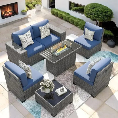 QAZ8-7 Piece Patio Furniture Set Fire Pit Table. Outdoor Conversation Sets Wicker Rattan Sectional Sofa with Coffee TSZ