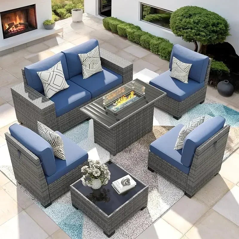 QAZ8-7 Piece Patio Furniture Set Fire Pit Table. Outdoor Conversation Sets Wicker Rattan Sectional Sofa with Coffee TSZ