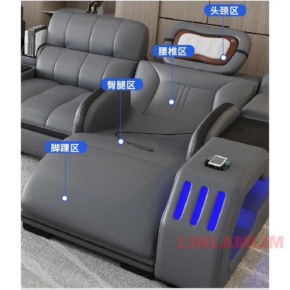 Modern Sectional Sofa Bed with LED Light, Electric Recliner and Massage | Living Room Genuine Leather Couch with Cup Holder, USB