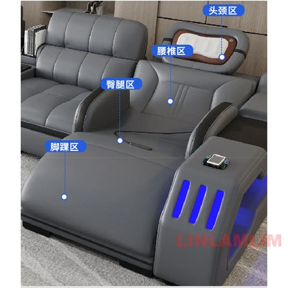 Modern Sectional Sofa Bed with LED Light, Electric Recliner and Massage | Living Room Genuine Leather Couch with Cup Holder, USB