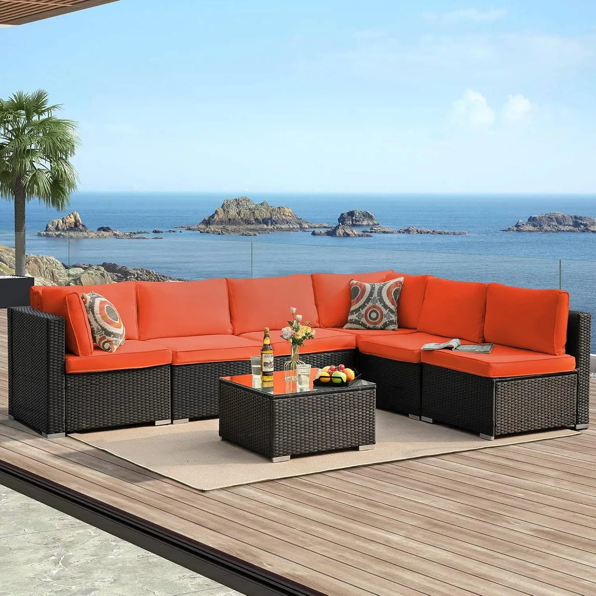 7 Pieces Patio Furniture Set - All-Weather Outdoor Wicker Sectional Conversation Sofa, Rattan Patio Seating Sofa, Customized
