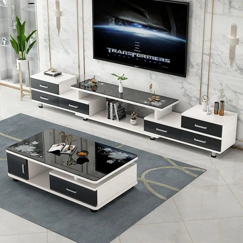 Modern & Minimalist Tempered Glass Expandable TV Stand & Coffee Table Set - European Style, Ideal for Small - Space Living Rooms