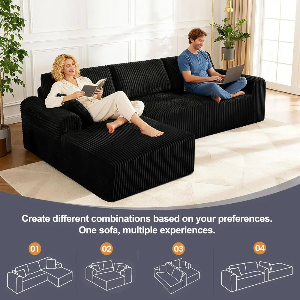 Black Corduroy L-Shaped Sofa with Chaise, Deep Seating, No Assembly Needed for Living Room or Bedroom