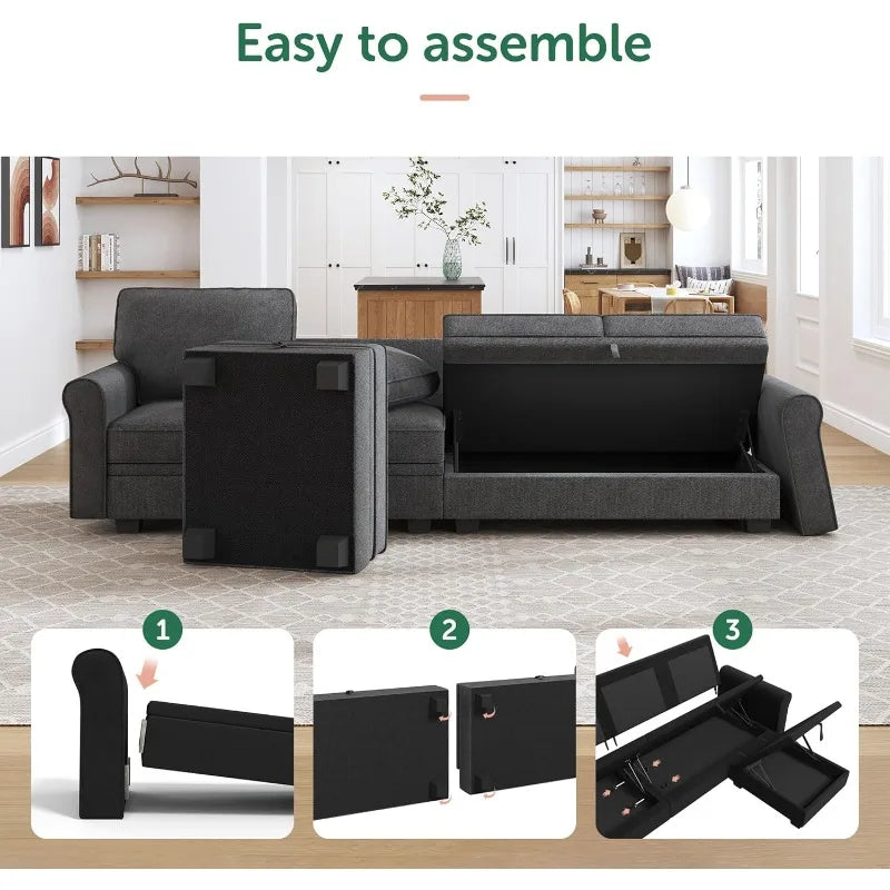 Storage Sectional Sofa with Reversible Chaise, U-Shaped Living Room Couch Dark Grey