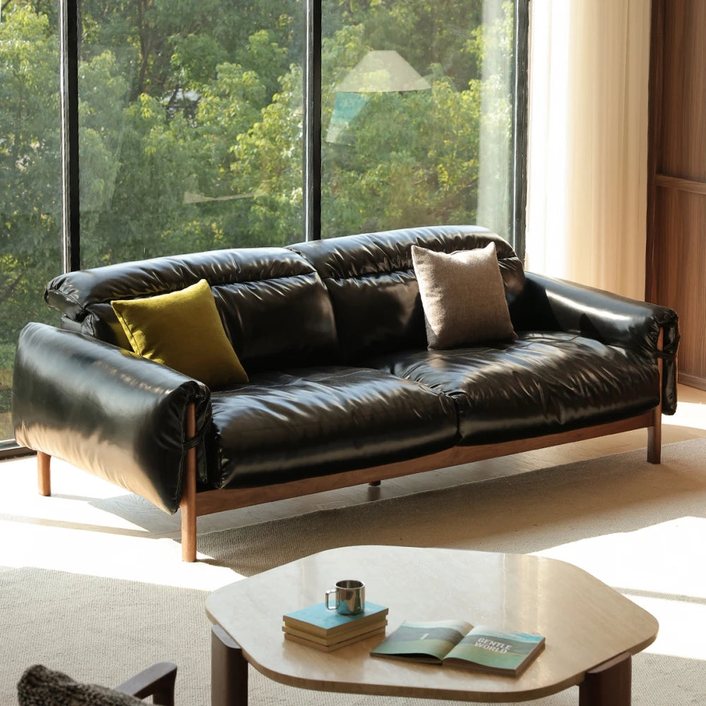 LH black walnut leather sofa living room small apartment retro solid wood leather art sofa