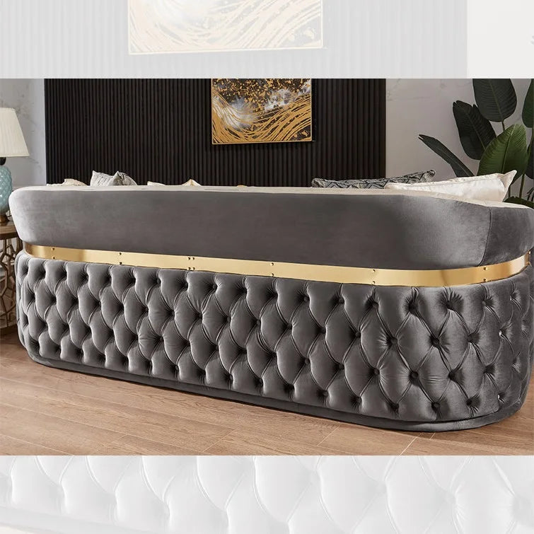 Ensemble de canapé de salon rembourré en velours, moderne et luxueux, ceinture en acier inoxydable, bouton de décoration, maison, Villa