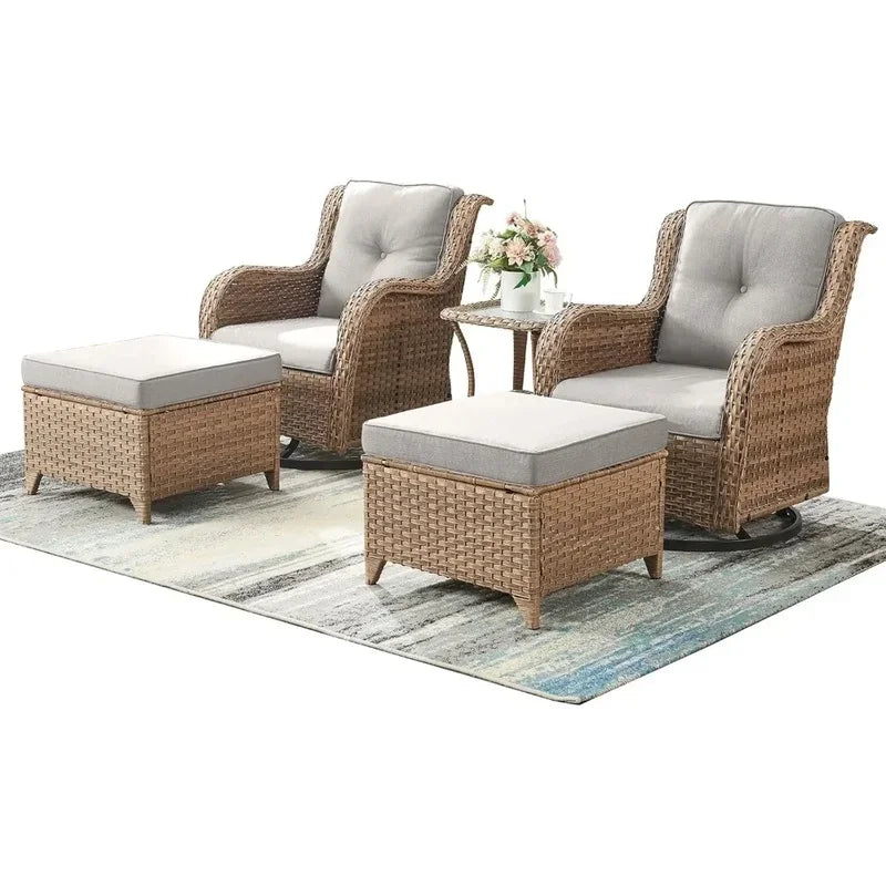 5-Piece Outdoor Rattan Conversation Set with 2 Rotating Rocking Chairs, 2 Foot Pads, and a Side Table