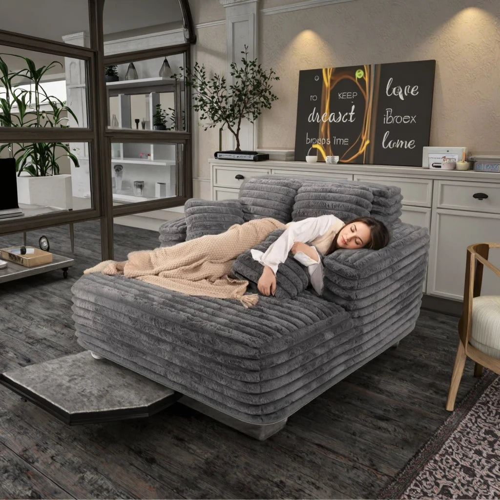 Easyhomesofa Indoor Three Seat Oversize Chaise Lounge Chair Boneless Fabric Couch Plush Corduroy Sleeper Sofa Living Room