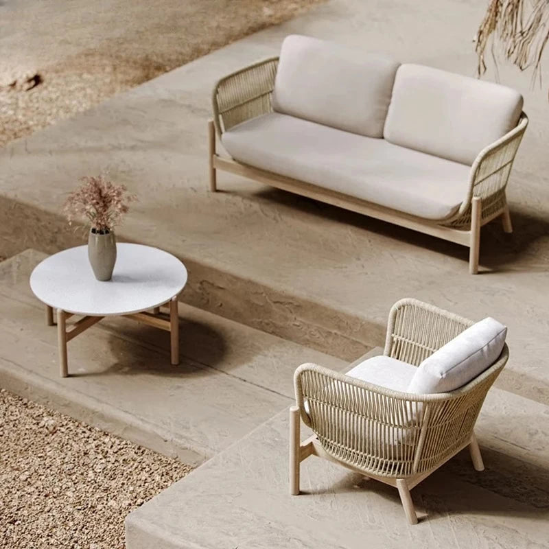 Outdoor rattan sofa courtyard garden open-air balcony leisure outdoor solid wood teak villa