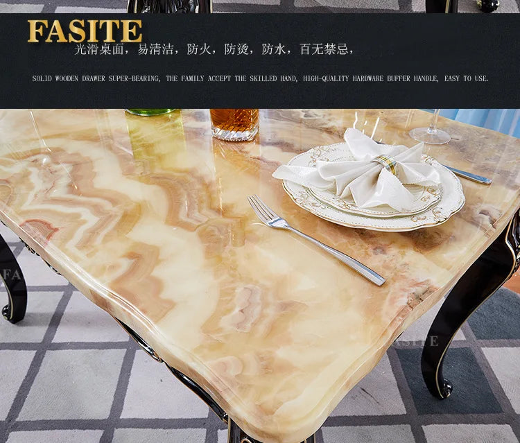Marble dining table and chair combination Ebony restaurant Solid wood carving flower rectangular American home dining table